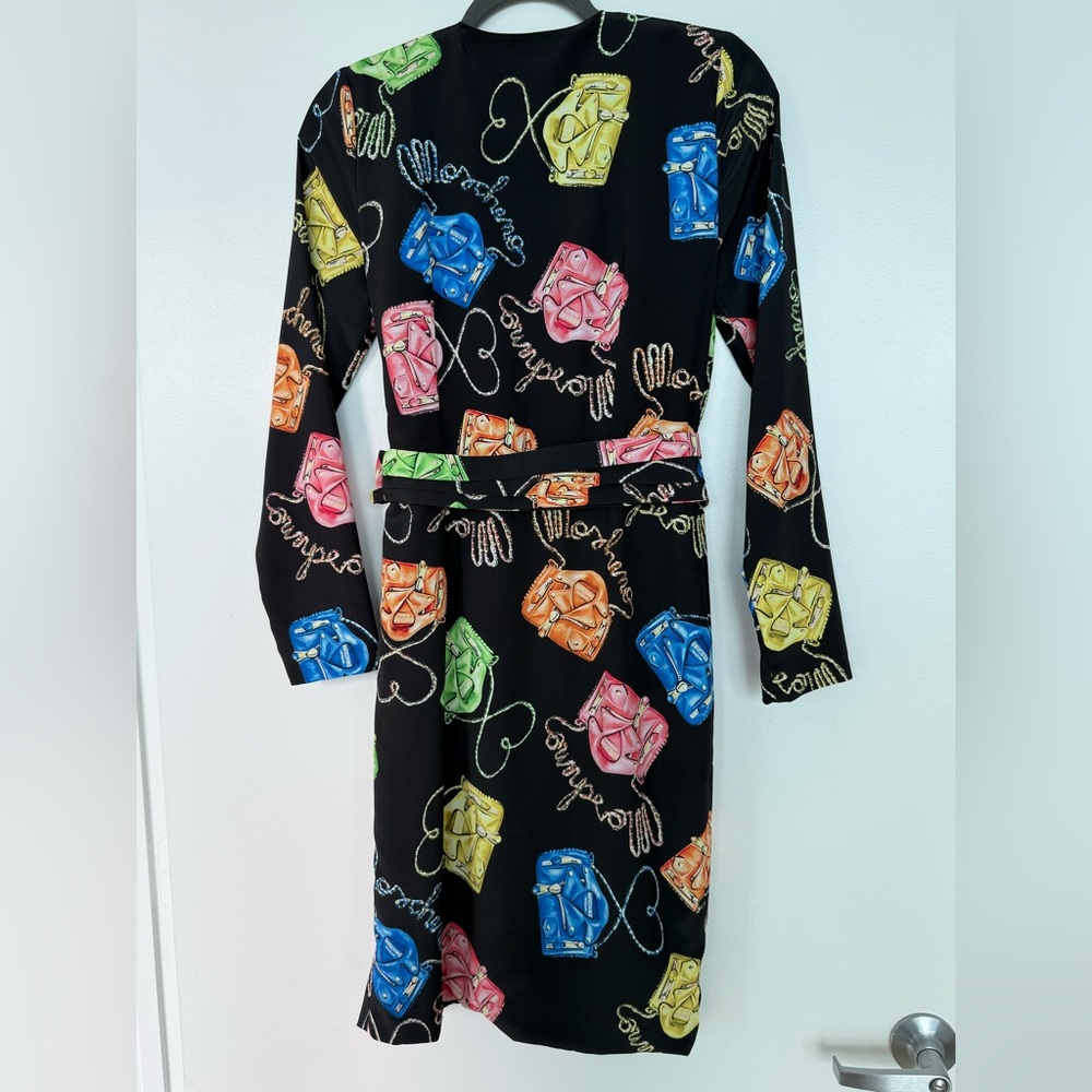 Moschino Black Long-Sleeve Belted Dress with Colorful Bag Print